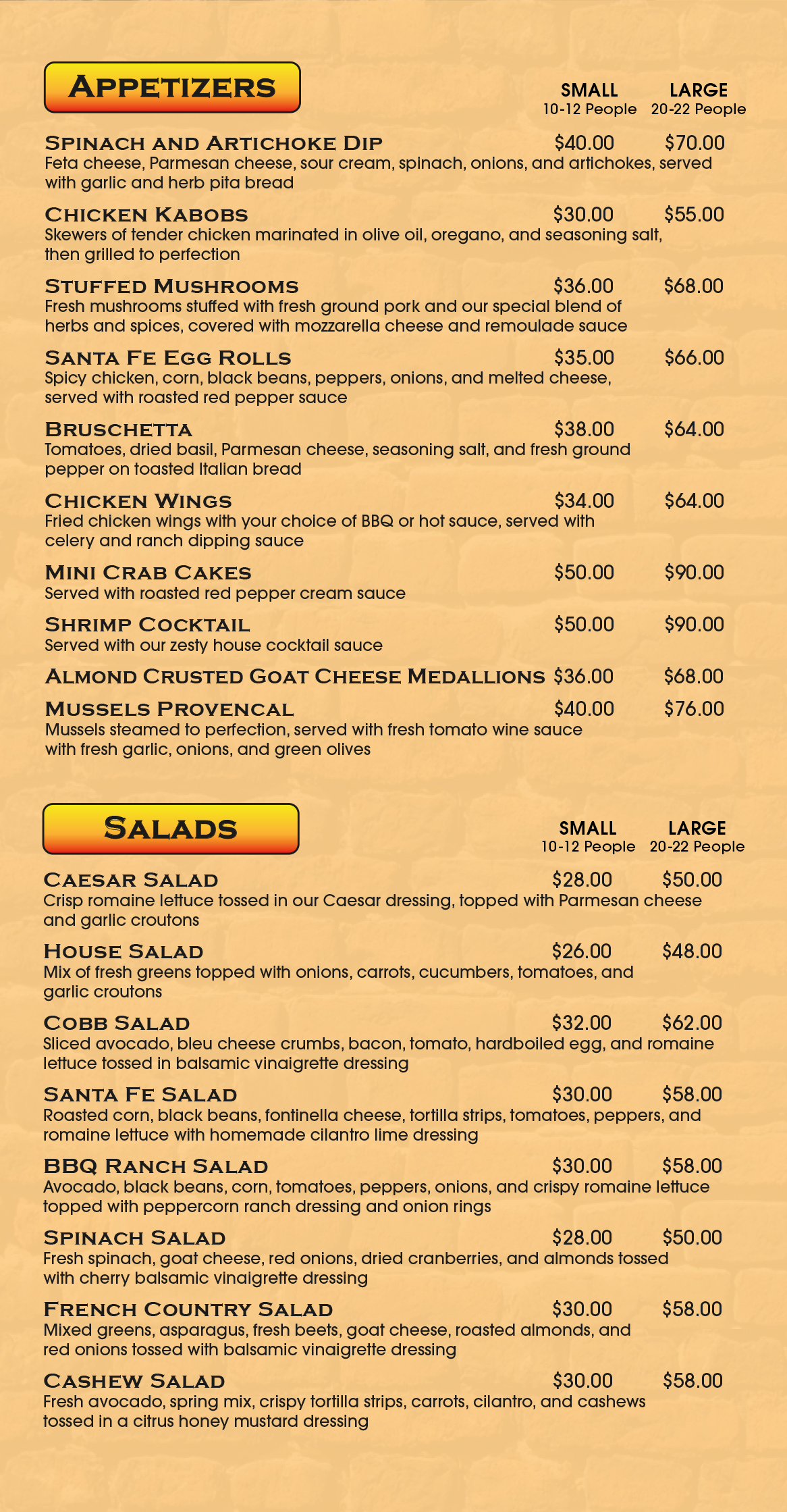 Open Flame Restaurant Pickup Menu